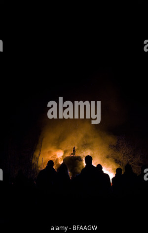 Crowds in front of bonfire on Bonfire Night November the 5th Stock Photo