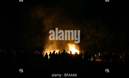 Crowds in front of bonfire on Bonfire Night, November the Fifth Stock Photo