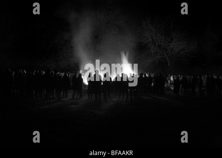 Crowds in front of bonfire on Bonfire Night, November the Fifth Stock Photo