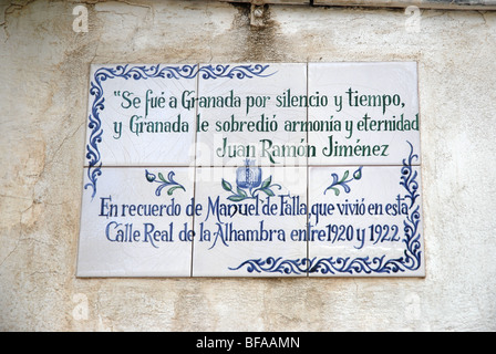 tiled wall sign in memory of Manuel de Falla who lived in Calle Real between 1920-1922, The Alhambra, Granada, Andalusia, Spain Stock Photo