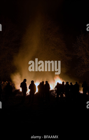 Crowds in front of bonfire on Bonfire Night, November the Fifth Stock Photo