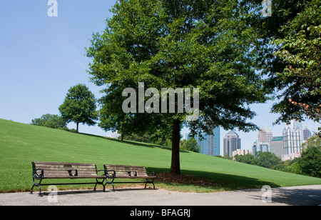 Two Empty Benches Along Park Path by Trees Stock Photo - Alamy