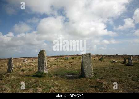 The Nine Maidens stone circle called Boskednan near to Porthmeor, West Penwith, Cornwall, England UK Stock Photo