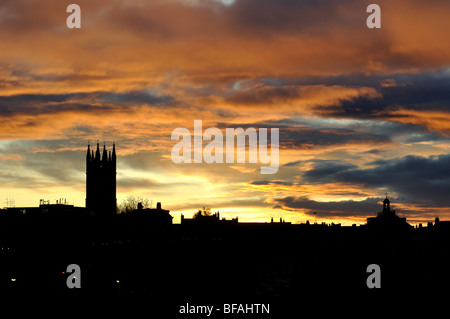 Dawn sky over town centre, Warwick, Warwickshire, England, UK Stock Photo