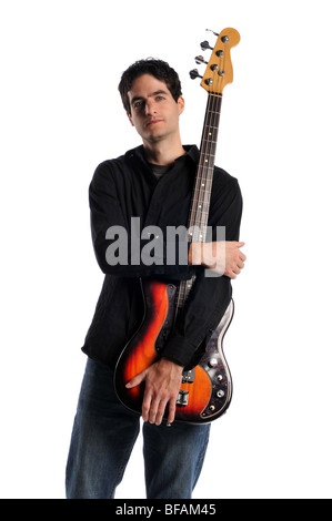 Bass guitar player posing isolated on a white background Stock Photo