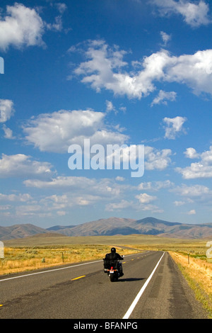 Motorcycling along US Highway 20 near Arco, Idaho, USA.