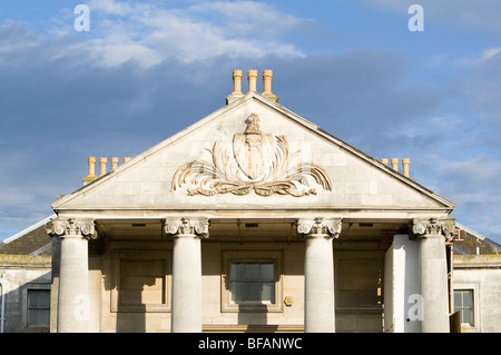 Top of Portico on Beckenham Place House with cartouche and arms of the Cator family, Beckenham, Kent, UK Stock Photo