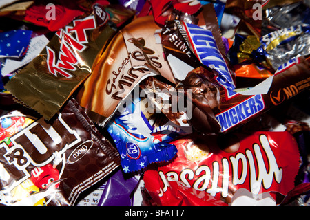 Assorted sweet or candy bar wrappers Stock Photo