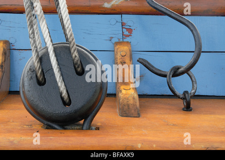 Detail of rigging on board The Hector ship, moored in Pictou, Nova Scotia Stock Photo