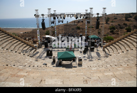 the restored theatre at kourion being set up for a modern open air concert republic of cyprus europe Stock Photo