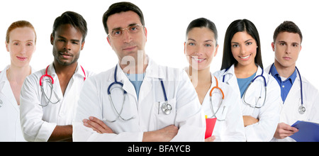 Doctors team group in a row on white background men and women doctor Stock Photo