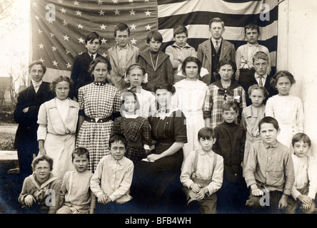 Grade School Class with Huge US Flag Stock Photo