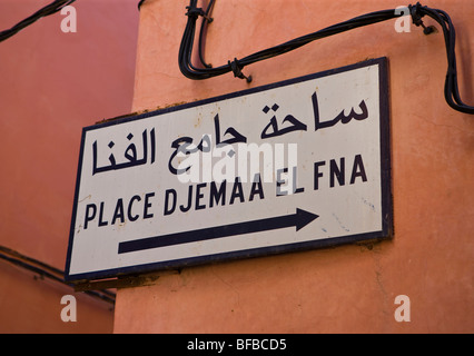 MARRAKESH, MOROCCO - sign for Djemaa El Fna in the medina. Stock Photo