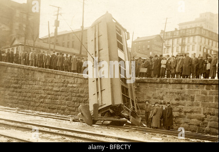 Crowd Viewing Trolley Car Disaster Stock Photo