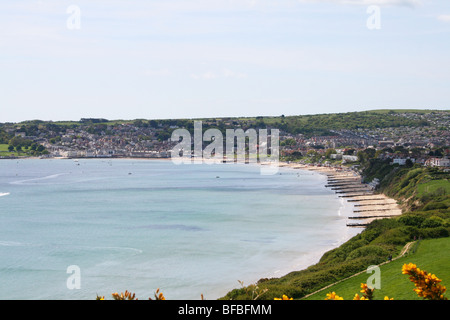 View of Swanage beach from the chalk cliffs, Isle of Purbeck, along the Dorset coast Stock Photo