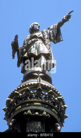 The Columbus Monument in Barcelona points west to the new world. Stock Photo