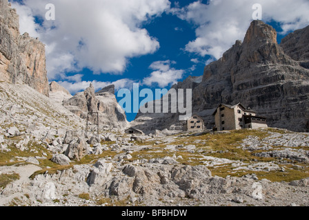 Rifugio Tuckett and Sella in the Brenta Dolomite mountain range of Northern Italy. Stock Photo
