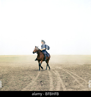 Hungarian Horse ridden by csik on Hortobagyi Puszta Stock Photo