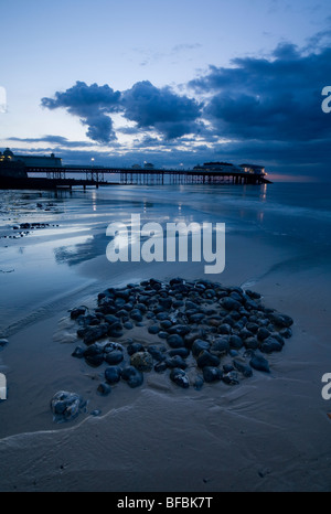 Cromer Pier at night with a circle of pebbles in the foreground. Stock Photo