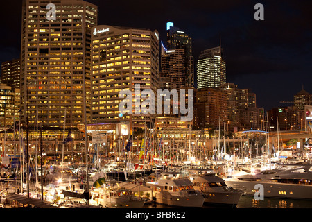 Sydney's Darling Harbor seen at night from the Pyrmont Bridge on July 31, 2009. Stock Photo