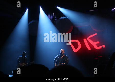 The Pixies play a show at the Hollywood Palladium, with lyrics projected behind them, Doolittle tour Stock Photo