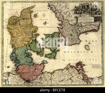 Old map of Denmark (18 centuries, Latin language). Stock Photo