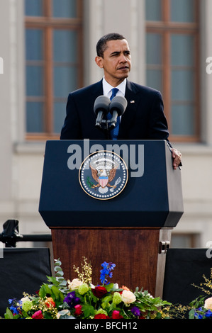 The US President Barack Obama giving the speech at Prague Castle in Prague, 4 April 2009. Stock Photo