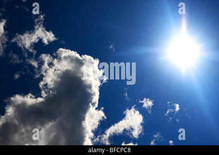 Blu sky, cloud and sun. Nobody. Stock Photo