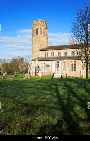 Tower and south porch of the Church of Saint Andrew at Bedingham, Norfolk, United kingdom. Stock Photo