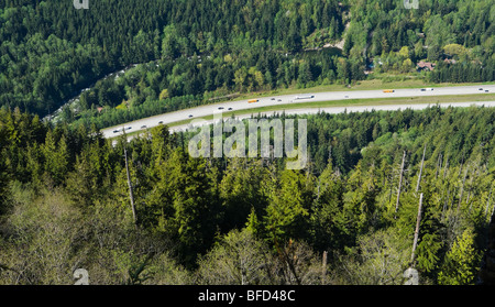 A view looking down on Interstate Highway 90 at exit 38 in Washington , Cascades, USA. Stock Photo