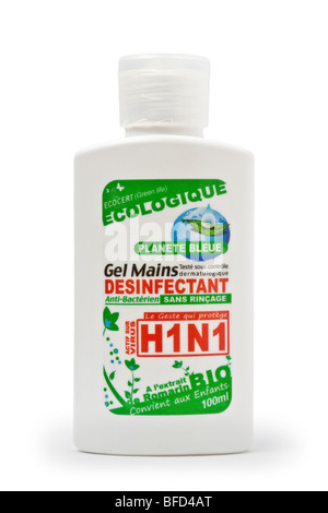 A disinfectant gel bottle for hands, active against A Flu disease. Flacon de gel désinfectant actif contre le virus H1N1.