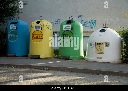 Recycling collection point and bottle bank on a Polish residential housing estate, in the town of Kedzierzyn-Kozle. Poland. Stock Photo