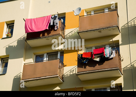 Balconies on a Polish residential housing block, in the town of Kedzierzyn-Kozle. Poland. Stock Photo
