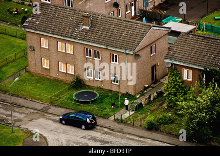 Aerial shot of houses with boarded up windows on the estate Gawanhill Gardens estate near Stirling Castle. Stock Photo