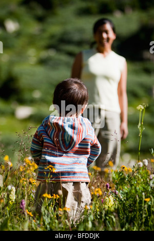 Mother plays with 14 month old child in backpack backpacking Maroon Bells in Snowmass Wilderness just outside of Aspen. Stock Photo