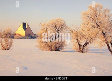 Hoar frost on trees in wintertime, Royal Canadian Mint, Winnipeg, Manitoba, Canada Stock Photo