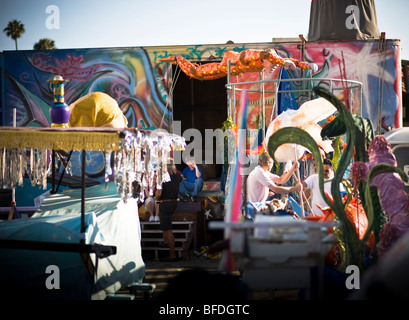 Volunteers at the workshop for a parade in Santa Barbara. The parade features extravagant floats and costumes. Stock Photo