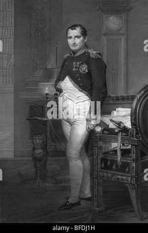 Portrait engraving of Napoleon Bonaparte (1769 - 1821) in his study. Stock Photo