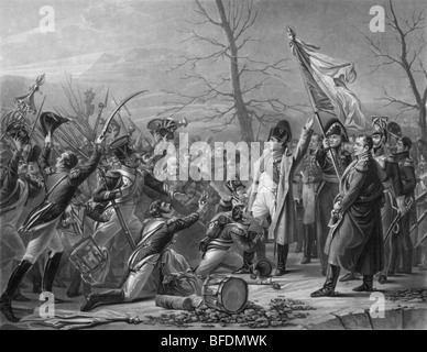Print depicting Napoleon Bonaparte greeting French troops and citizens on his return from the Island of Elba on March 7 1815. Stock Photo