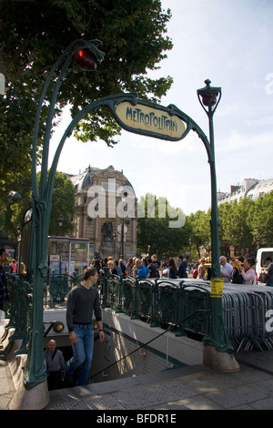 Entrance to the Metro at Place Saint-Michel in the Latin Quarter of Paris, France. Stock Photo