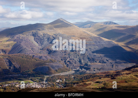 High view to village and Elidir Fawr mountain old disused Dinorwig slate quarry in Snowdonia. Llanberis Gwynedd North Wales UK. Stock Photo