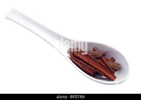 Cassia bark on a spoon, this is sometimes sold as cinnamon Stock Photo