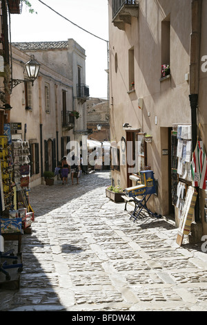 A narrow street in the ancient, walled, mountain City of Erice in Sicily, Italy, Europe Stock Photo