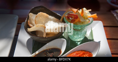 Prawn crackers and acha salad, Bali Stock Photo