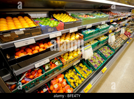 Fruit and vegetables in Morrisons Supermarket shop aisle in the UK. Stock Photo