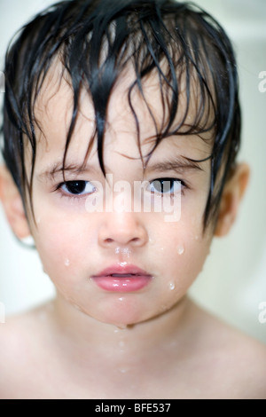 Head shot of 2 1/2 year old boy in the shower, Montreal, Quebec, Canada Stock Photo