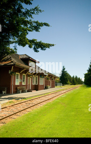 The train station at Qualicum Beach,E & N rail service,  Comox Valley, Vancouver Island, British Columbia, Canada Stock Photo