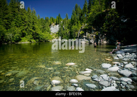 Small group swimming in clear, fish-bearing river, Gold River, Vancouver Island, British Columbia, Canada Stock Photo