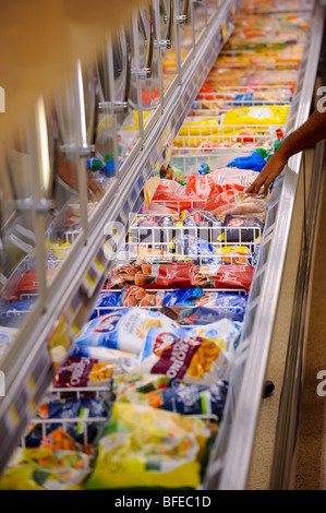 A freezer aisle at Morrisons Supermarket shop in the UK. Stock Photo