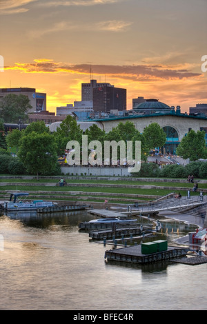 Sunset over The Forks Market and Marina, a National Historic Site, in the city of Winnipeg, Manitoba, Canada Stock Photo